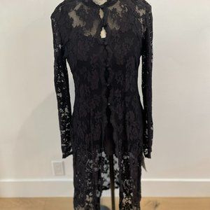 Long Sleeve Black Lace Tunic Top with Mandarin Collar and Silk Covered Buttons